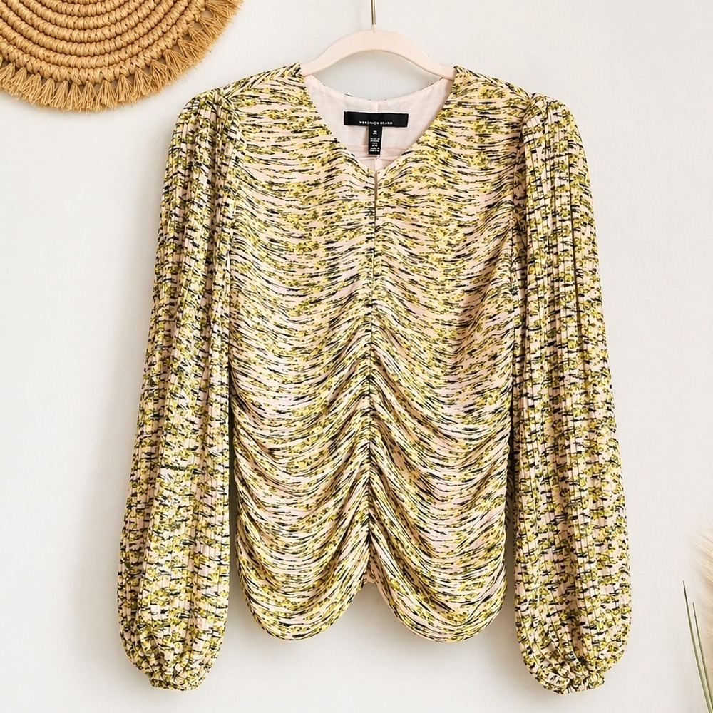 White House Black Market NEW Watercolor Blouson Sleeve Pleated Keyhole Top SZ 10 - Picture 2 of 14